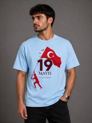 Vodexa 19 Mayıs Gençlik Bayramı Ünisex Oversize T-Shirt Baskılı %100 Pamuk Tişört Rahat Kalıp