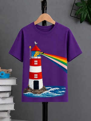Vodexa Ünisex Oversize T-Shirt Deniz Feneri Baskılı %100 Pamuk Tişört Rahat Kalıp