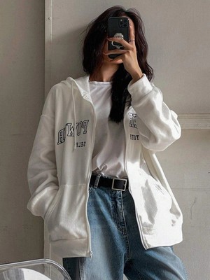 Tarzsokak Ünisex Basic Slim Fit Kapüşonlu Fermuarlı Cepli Sweatshirt Bej Bej