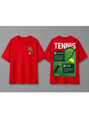 Vodexa Unisex Oversize Tennis Baskılı T-Shirt %100 Pamuk Tenis Temalı Rahat Kalıp Kısa Kollu Tişört