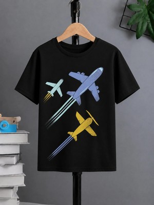 Vodexa Ünisex Oversize T-Shirt Üç Uçak Baskılı %100 Pamuk Tişört Rahat Kalıp