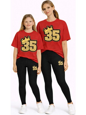 Vodexa Tayt Takım Anne Kız Çocuk Kombin Oversize Tişört Twin T-Shirt 35 Baskılı (Tekli Takım)