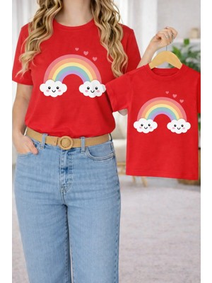 Vodexa Anne Ünisex Çocuk Kombin Oversize Tişört Twin T-Shirt Gülen Bulut Baskılı