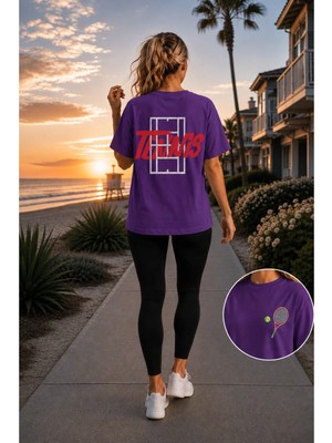 Vodexa Unisex Oversize Tennis Baskılı T-Shirt %100 Pamuk Tenis Temalı Rahat Kalıp Kısa Kollu Tişört