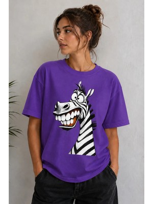 Vodexa Kadın Oversize T-Shirt Gülen Zebra Baskılı %100 Pamuk Tişört Rahat Kalıp