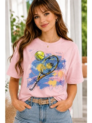 Vodexa Unisex Oversize Tennis Baskılı T-Shirt %100 Pamuk Tenis Temalı Rahat Kalıp Kısa Kollu Tişört