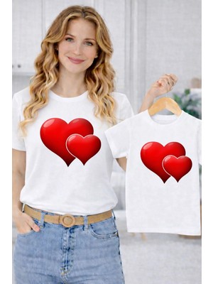 Vodexa Anne Ünisex Çocuk Kombin Oversize Tişört Twin T-Shirt Yapışık Kalpler Baskılı