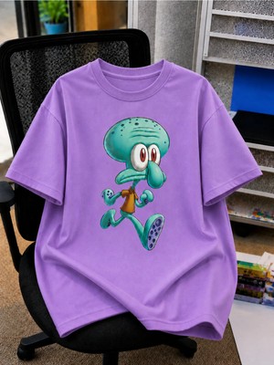Vodexa Ünisex Oversize T-Shirt Dokunaç Baskılı %100 Pamuk Tişört Rahat Kalıp