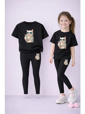 Vodexa Anne Kız Kombin Tayt-T-Shirt Takım %100 Pamuk Baskılı Esnek Rahat Günlük Spor Kombin