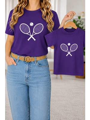 Vodexa Anne Kız Kombin Oversize Raket Baskılı Tişört Twin T-Shirt %100 Pamuk Rahat Kalıp