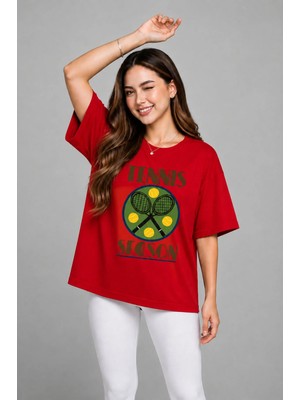 Vodexa Unisex Oversize Tennis Baskılı T-Shirt %100 Pamuk Tenis Temalı Rahat Kalıp Kısa Kollu Tişört