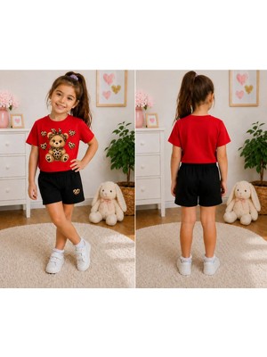 Vodexa Kız Çocuk Tişört ve Şort Takım %100 Pamuk Yazlık Rahat Kalıp Baskılı T-Shirt Çocuk Kombin
