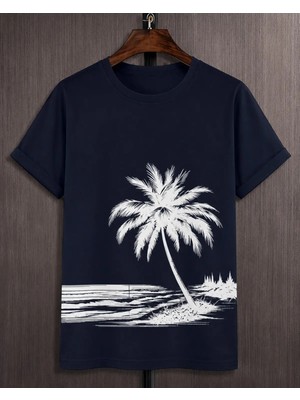 Vodexa Ünisex Oversize T-Shirt Sahilde Palmiya Baskılı %100 Pamuk Tişört Rahat Kalıp