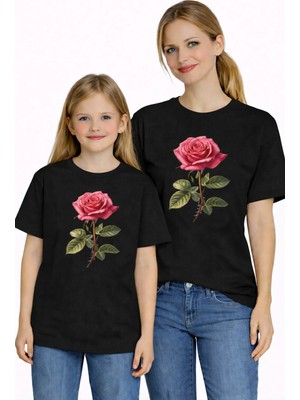 Vodexa Anne Kız Çocuk Kombin Oversize Tişört Twin T-Shirt Kırmızı Gül Baskılı