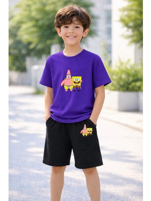 Vodexa Erkek-Kız Çocuk Tişört Şort Takım %100 Pamuk Yazlık Rahat Kalıp Baskılı T-Shirt Çocuk Kombin