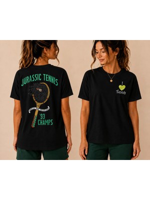 Vodexa Unisex Oversize Tennis Baskılı T-Shirt %100 Pamuk Tenis Temalı Rahat Kalıp Kısa Kollu Tişört