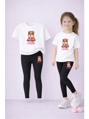 Vodexa Anne Kız Kombin Tayt-T-Shirt Takım %100 Pamuk Baskılı Esnek Rahat Günlük Spor Kombin