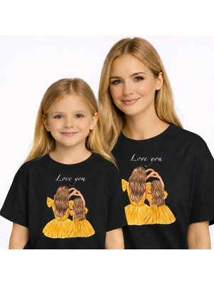 Vodexa Anne Kız Çocuk Kombin Oversize Tişört Twin T-Shirt Love You Baskılı