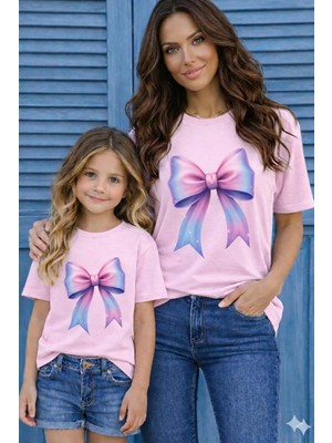 Vodexa Anne Kız Ünisex Çocuk Kombin Oversize Tişört Twin T-Shirt Pembe Kurdela Baskılı