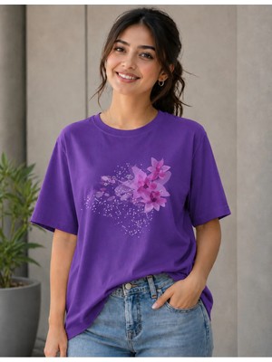 Vodexa Kadın Oversize T-Shirt Noktalı Çiiçek Baskılı %100 Pamuk Tişört Rahat Kalıp