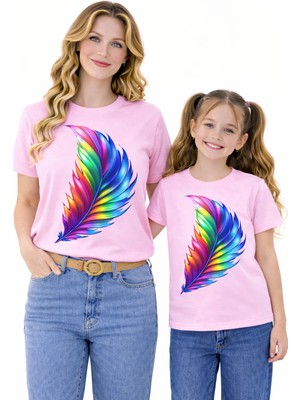 Vodexa Anne Ünisex Çocuk Kombin Oversize Tişört Twin T-Shirt Renkli Tüy Baskılı