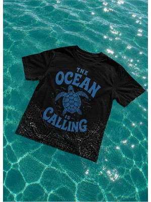 Vodexa Kadın-Erkek Oversize T-Shirt Ocean Baskılı %100 Pamuk Tişört Rahat Kalıp