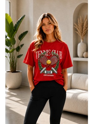 Vodexa Unisex Oversize Tennis Baskılı T-Shirt %100 Pamuk Tenis Temalı Rahat Kalıp Kısa Kollu Tişört