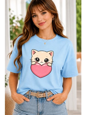 Vodexa Kadın Oversize T-Shirt Kalpli Kedi Baskılı %100 Pamuk Tişört Rahat Kalıp