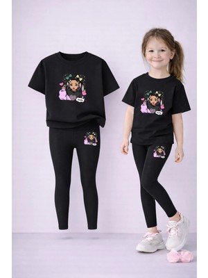 Vodexa Anne Kız Kombin Tayt-T-Shirt Takım %100 Pamuk Baskılı Esnek Rahat Günlük Spor Kombin