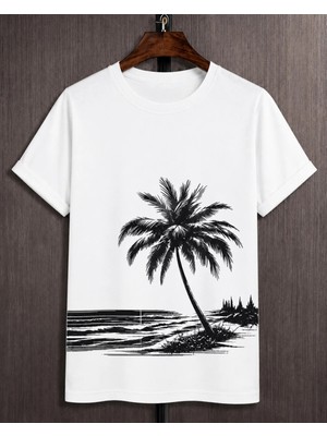 Vodexa Ünisex Oversize T-Shirt Sahilde Palmiya Baskılı %100 Pamuk Tişört Rahat Kalıp