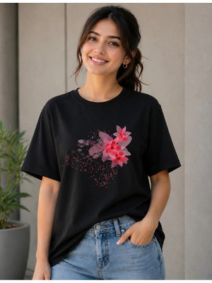 Vodexa Kadın Oversize T-Shirt Noktalı Çiiçek Baskılı %100 Pamuk Tişört Rahat Kalıp