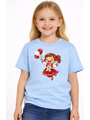 Vodexa Ünisex Neşeli Kız Baskılı Çocuk Tişört %100 Pamuk – Kırmızı Unisex Yazlık Çocuk T-Shirt