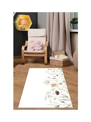 Pelangi Çiçek Bahçesi Kelebek Desenli Yıkanabilir Kaymaz Taban Leke Tutmaz Çocuk Odası Halısık, Beyaz-Renkli 80 x 600, 7642013806001