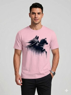Vodexa Ünisex Oversize T-Shirt Gölge Atlı Baskılı %100 Pamuk Tişört Rahat Kalıp