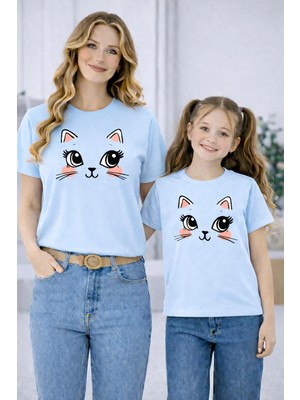Vodexa Anne Ünisex Çocuk Kombin Oversize Tişört Twin T-Shirt Gülümseyen Yüz Baskılı