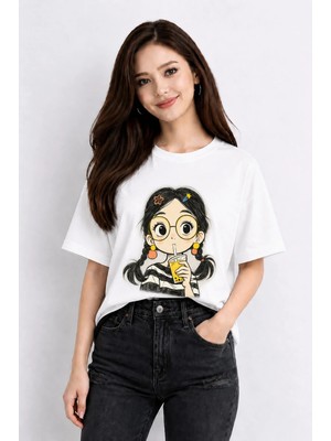 Vodexa Ünisex Oversize T-Shirt Sevimli Kız Baskılı %100 Pamuk Tişört Rahat Kalıp