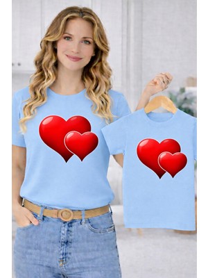 Vodexa Anne Ünisex Çocuk Kombin Oversize Tişört Twin T-Shirt Yapışık Kalpler Baskılı