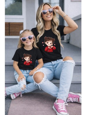 Vodexa Anne Kız Kombin Oversize Tişört Twin T-Shirt %100 Pamuk Rahat Kalıp