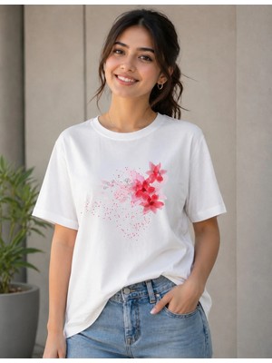 Vodexa Kadın Oversize T-Shirt Noktalı Çiiçek Baskılı %100 Pamuk Tişört Rahat Kalıp