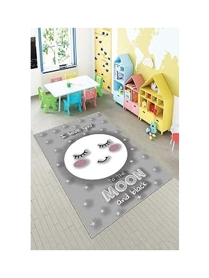 Pelangi Gri Ay Desenli Yıkanabilir Kaymaz Taban Leke Tutmazbebek ve Çocuk Odası Halısı, Açık Gri-Beyaz 160 x 250, 901357153160250
