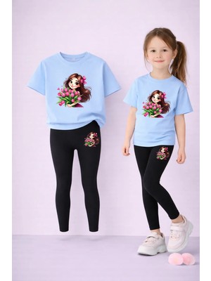 Vodexa Tayt-T-Shirt Takım Anne Kız Kombin %100 Pamuk Esnek Rahat Günlük Spor Kombin