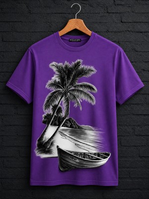 Vodexa Ünisex Oversize T-Shirt Sahilde Tekne Baskılı %100 Pamuk Tişört Rahat Kalıp