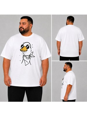 Vodexa Ünisex Oversize T-Shirt Gözlüklü Ördek Baskılı %100 Pamuk Büyük Beden Tişört Rahat Kalıp