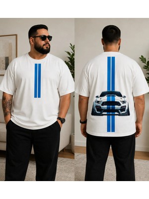 Vodexa Ünisex Oversize T-Shirt Mavi Çizgi Baskılı Pamuk Büyük Beden Tişört Rahat Kalıp