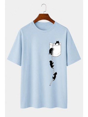 Vodexa Unisex Oversize T-Shirt Kediler Baskılı %100 Pamuk Tişört Rahat Kalıp