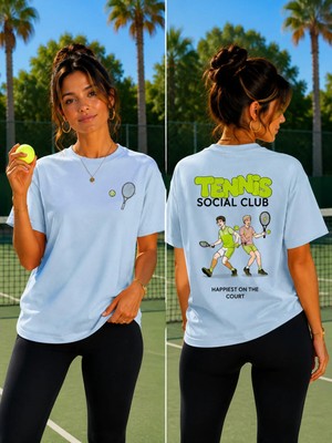 Vodexa Unisex Oversize Tennis Baskılı T-Shirt %100 Pamuk Tenis Temalı Rahat Kalıp Kısa Kollu Tişört