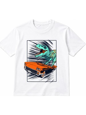 Vodexa Ünisex Oversize T-Shirt Dino Baskılı %100 Pamuk Tişört Rahat Kalıp