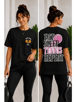 Vodexa Unisex Oversize Tennis Baskılı T-Shirt %100 Pamuk Tenis Temalı Rahat Kalıp Kısa Kollu Tişört