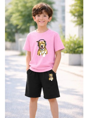 Vodexa Erkek-Kız Çocuk Tişört Şort Takım %100 Pamuk Yazlık Rahat Kalıp Baskılı T-Shirt Çocuk Kombin