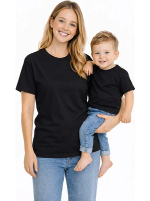 Vodexa Anne Çocuk Kombin Oversize Tişört Twin T-Shirt Tek Renk Baskılı